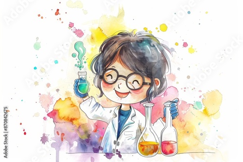 Smiling Girl Scientist in Watercolor - A cartoon girl scientist with glasses smiles as she holds a beaker with bubbling green liquid. Watercolor background with colorful splatter effect. - A cartoon g © Tida