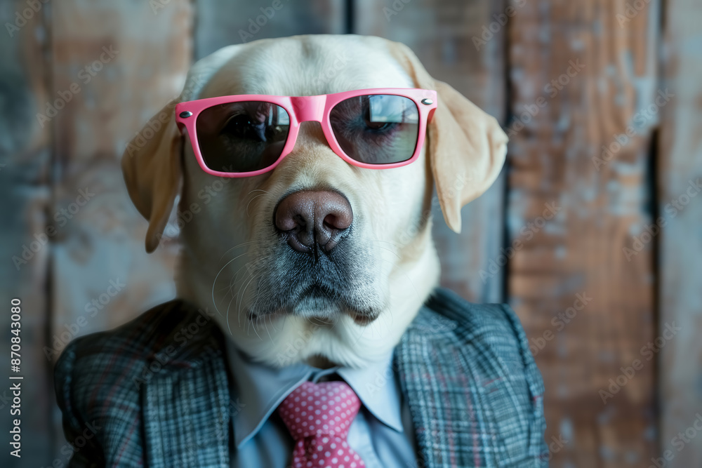Cool labrador wearing pink sunglasses and a suit with a red tie looking into the camera. Cool labrador wearing pink sunglasses and a suit with a red tie looking into the camera.