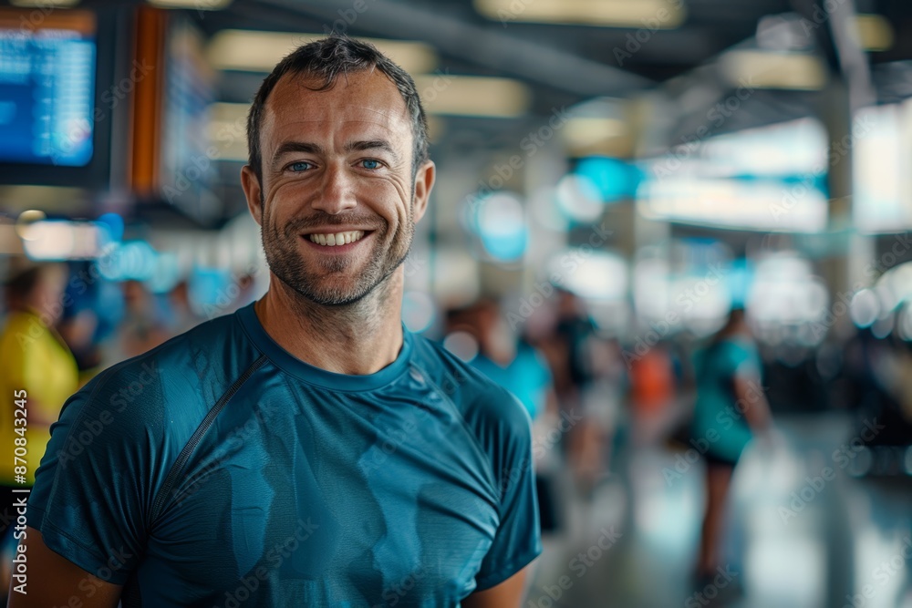 Portrait of a blissful man in his 30s wearing a moisture-wicking running shirt in bustling airport terminal background Portrait of a blissful man in his 30s wearing a moisture-wicking running shirt in bustling airport terminal background