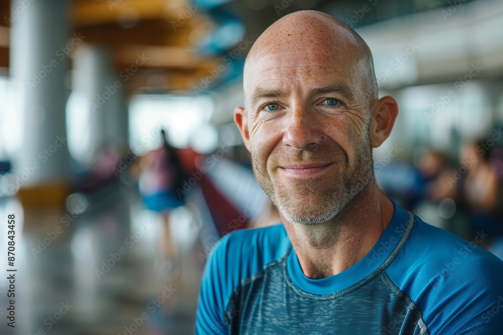Portrait of a blissful man in his 30s wearing a moisture-wicking running shirt isolated on bustling airport terminal background Portrait of a blissful man in his 30s wearing a moisture-wicking running shirt isolated on bustling airport terminal background
