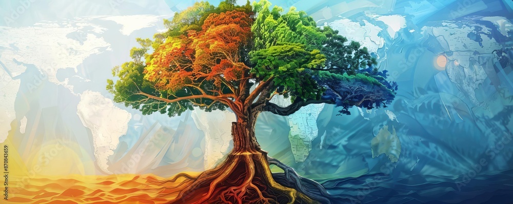 Artistic tree illustration depicting the four seasons in one image ...