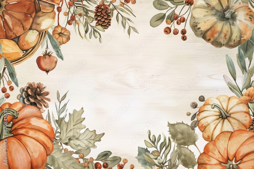 Autumn-themed background with pumpkins, pine cones, leaves, and berries surrounding a blank wooden space. Perfect for seasonal designs. Autumn-themed background with pumpkins, pine cones, leaves, and berries surrounding a blank wooden space. Perfect for seasonal designs.