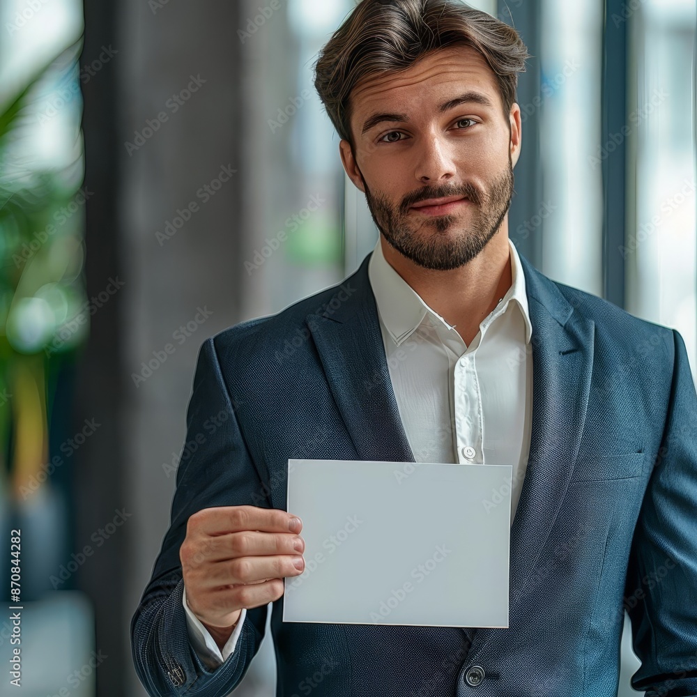 Businessman in suit with empty discount sign, city office, Businessman Suit Discount, Professional business communication Businessman in suit with empty discount sign, city office, Businessman Suit Discount, Professional business communication