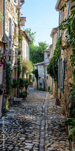 Fototapeta Naklejka Na Ścianę i Meble -  A narrow alley with stone buildings on both sides and a cobblestone street