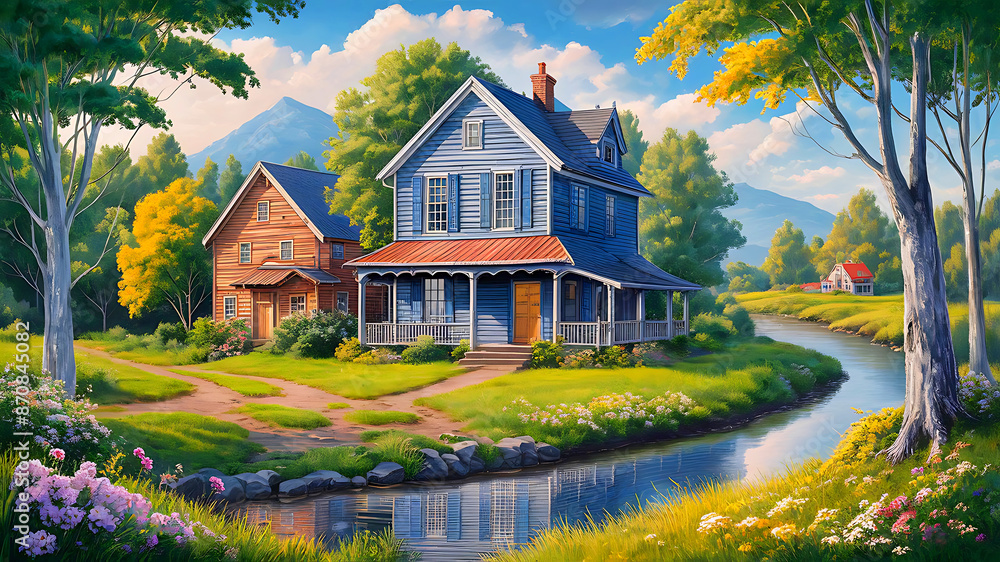Oil painting on canvas summer landscape with wooden old house in middle house top blue colour, beautiful flowers and trees and house font river with flower tree image 4k 8k download Oil painting on canvas summer landscape with wooden old house in middle house top blue colour, beautiful flowers and trees and house font river with flower tree image 4k 8k download
