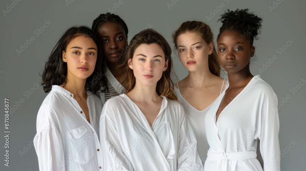 multiracial women in white clothes in studio looking at camera on gray background. multiracial women in white clothes in studio looking at camera on gray background.