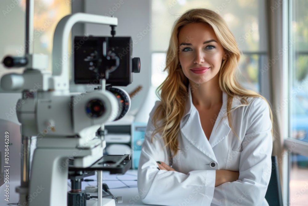 Portrait of a female ophthalmologist sitting at a slit machine as Po smiles happily. Portrait of a female ophthalmologist sitting at a slit machine as Po smiles happily.