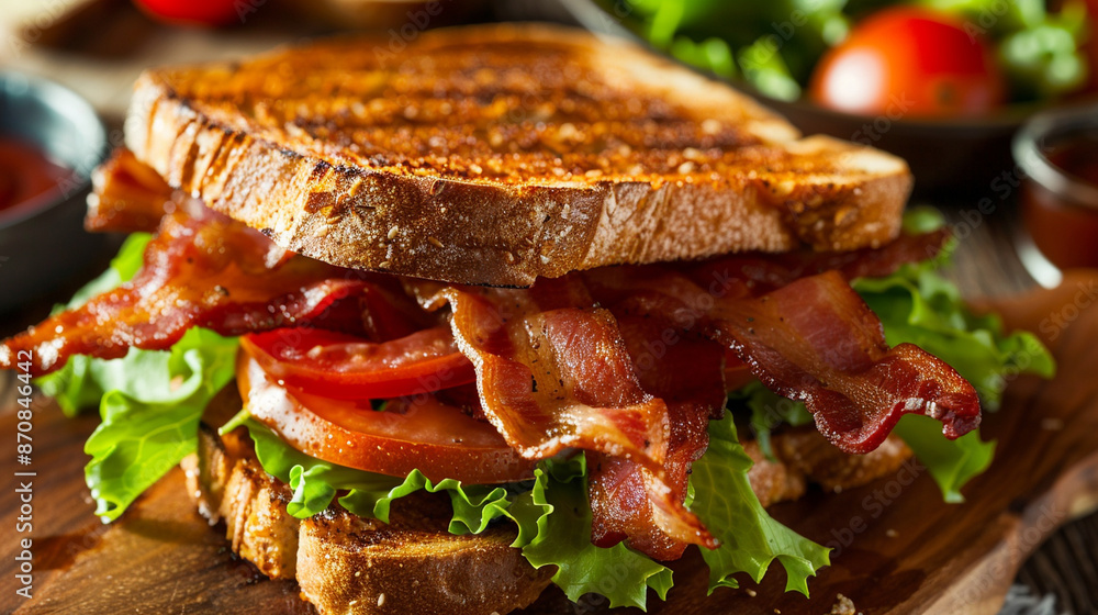 Close-up of a BLT sandwich with crispy bacon, fresh lettuce, and ripe tomato slices Close-up of a BLT sandwich with crispy bacon, fresh lettuce, and ripe tomato slices