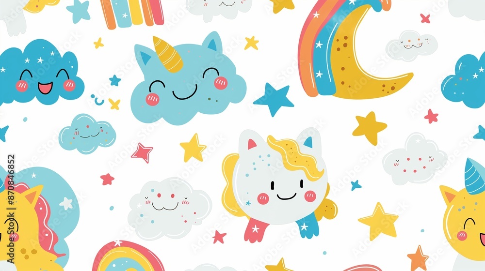Fun and friendly pattern featuring cute, cartoon-style characters like smiling clouds, stars, and rainbow-colored animals, creating a playful and whimsical design.
Fun and friendly pattern featuring cute, cartoon-style characters like smiling clouds, stars, and rainbow-colored animals, creating a playful and whimsical design.