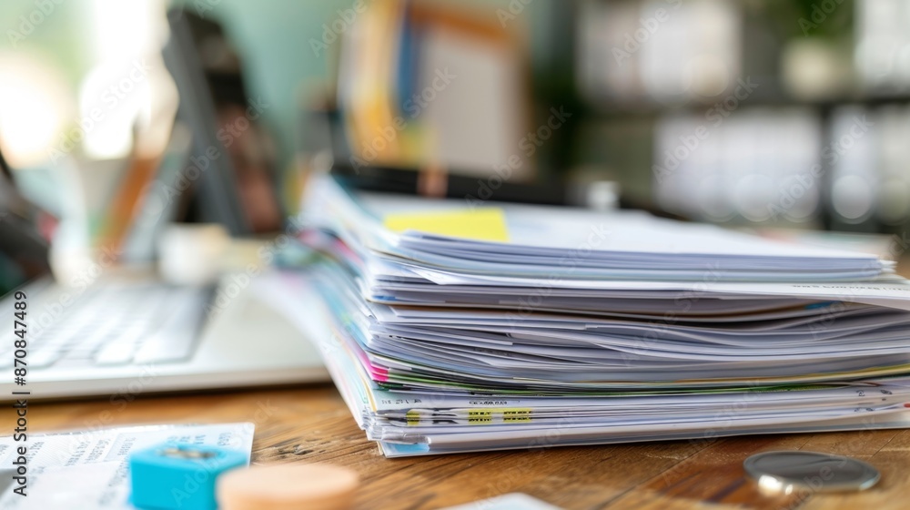 Stack of Papers on Wooden Table. Stack of Papers on Wooden Table.