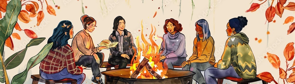 Obraz premium Friends sharing stories around a fire pit at a Thanksgiving party, watercolor style, warm gathering