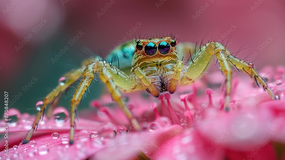 Fototapeta premium Green Jumping Spider on Pink Flower