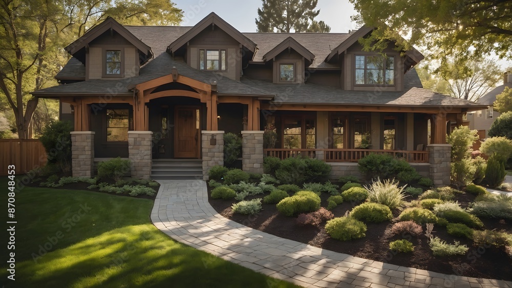Beautiful custom built craftsman style home car garage with wooden doors lush landscaping with spring foliage and shadows dappling the yard Beautiful custom built craftsman style home car garage with wooden doors lush landscaping with spring foliage and shadows dappling the yard