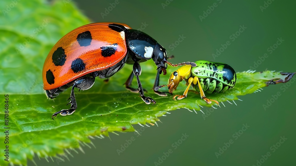 Naklejka premium Metamorphosis of a Ladybird Beetle: Enchanting Life Cycle on a Green Leaf - Macro Photography with Vibrant Colors