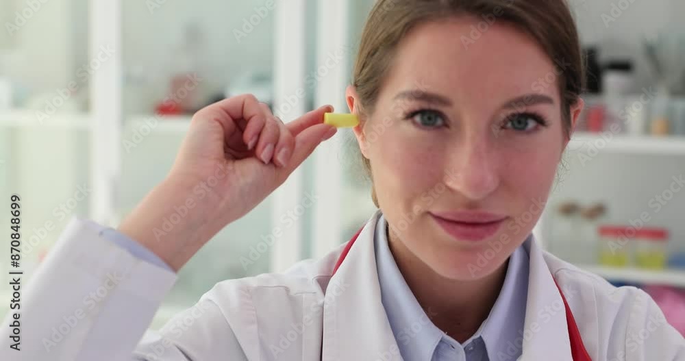 Doctor inserts earplug into ear to minimize noise level Doctor inserts earplug into ear to minimize noise level