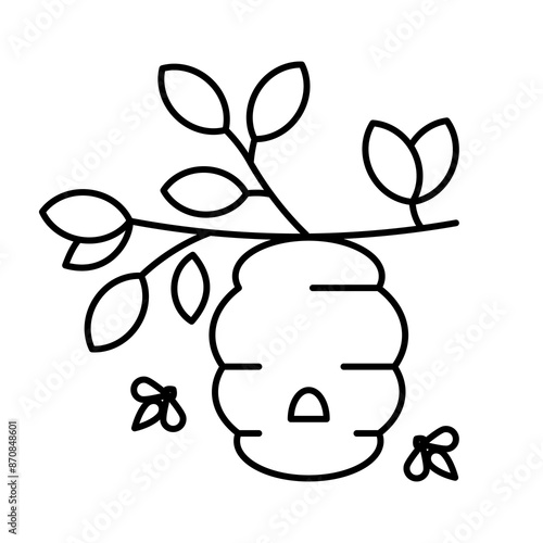 Beehive, line icon. Wild hive hanging on banch, working bees arround. Honey production, beekeeping, apiculture concept. Linear illustration, editable strokes, minimalist symbol