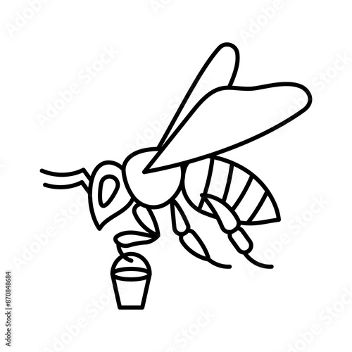 Bee, line icon. Working bee, side view, stylised pictogram. Honey production, pollen collection by bee. Linear illustration, editable strokes, minimalist symbol