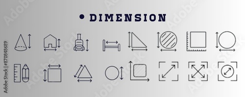 Dimension, area and perimeter measure concept editable stroke outline icons set 