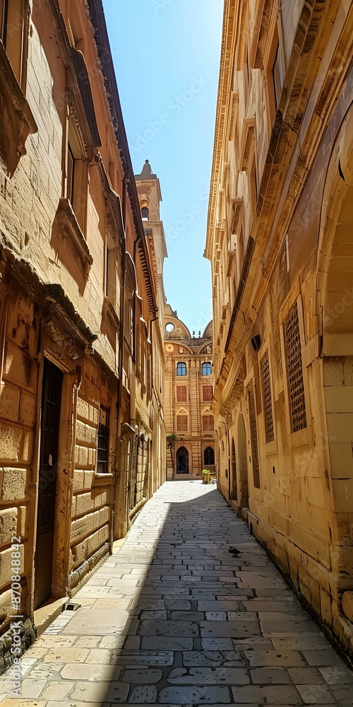 A narrow street with stone buildings on both sides and a blue sky above A narrow street with stone buildings on both sides and a blue sky above
