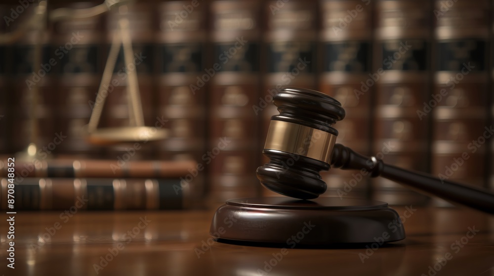 Close-up of a judge's gavel on a wooden table with law books and a justice scale in the background. Close-up of a judge's gavel on a wooden table with law books and a justice scale in the background.