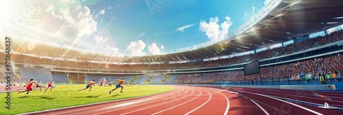 Wide-angle view of a stadium with athletes racing on track - A breathtaking wide-angle view of a fully packed stadium with athletes racing on the track, capturing the excitement, passion, and camarade photo