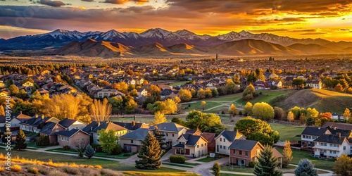 Golden hour casts a warm glow on the Rocky Mountains as the sun sets over sprawling suburban neighborhoods and rolling hills in Broomfield, Colorado.