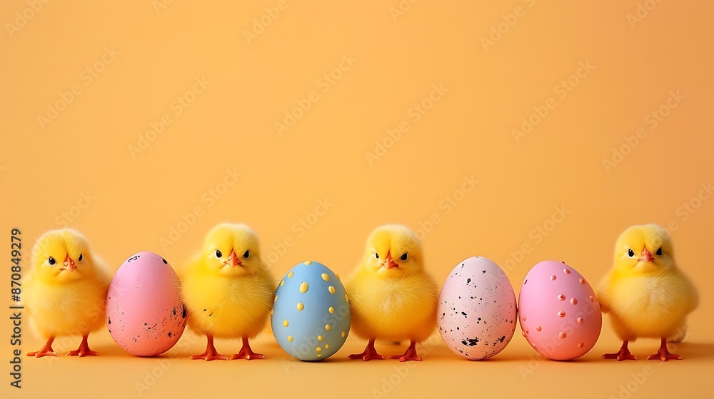 Small chicks in pink and yellow color standing in front of the background in vertical line with small egg between them with empty space all around in background Small chicks in pink and yellow color standing in front of the background in vertical line with small egg between them with empty space all around in background