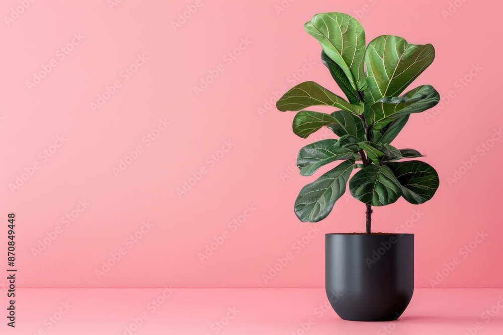 Fiddle Leaf Fig in Modern Black Planter Against Pink Background - Ideal for Home Decor and Gardening Concepts Fiddle Leaf Fig in Modern Black Planter Against Pink Background - Ideal for Home Decor and Gardening Concepts