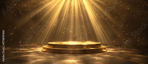 Golden light rays background with round podium for product presentation or stage for award ceremony