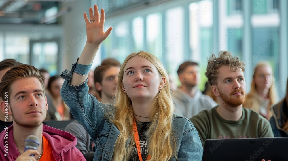© sorin - Female student raising hand in lecture hall to ask a question for enhanced search relevance