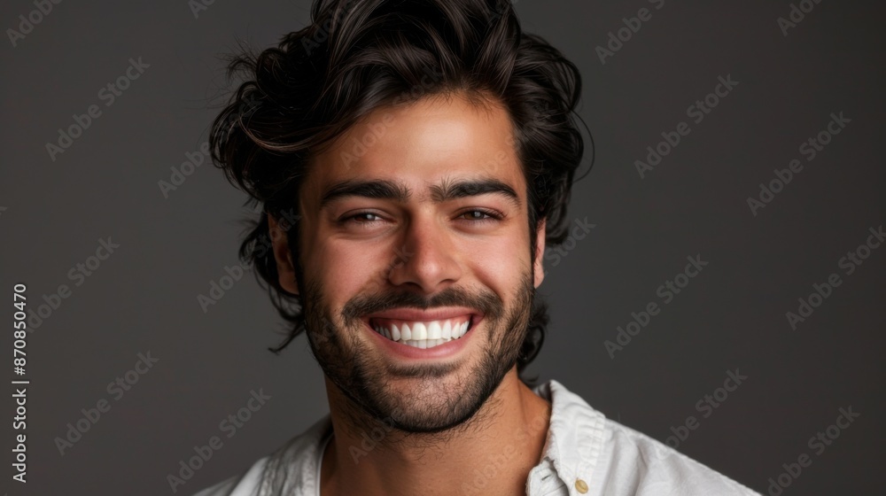 Young man with beautiful smile on grey background. Teeth whitening Young man with beautiful smile on grey background. Teeth whitening
