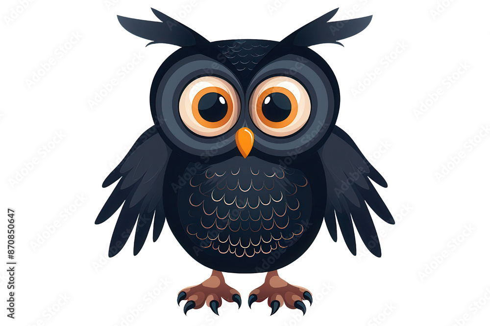 Fototapeta premium Cute cartoon black owl with big orange eyes, Perfect for children's books, websites and designs.