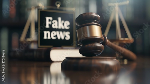 Gavel and fake news sign in courtroom setting symbolize misinformation in media and its legal implications. Justice and law concept.
