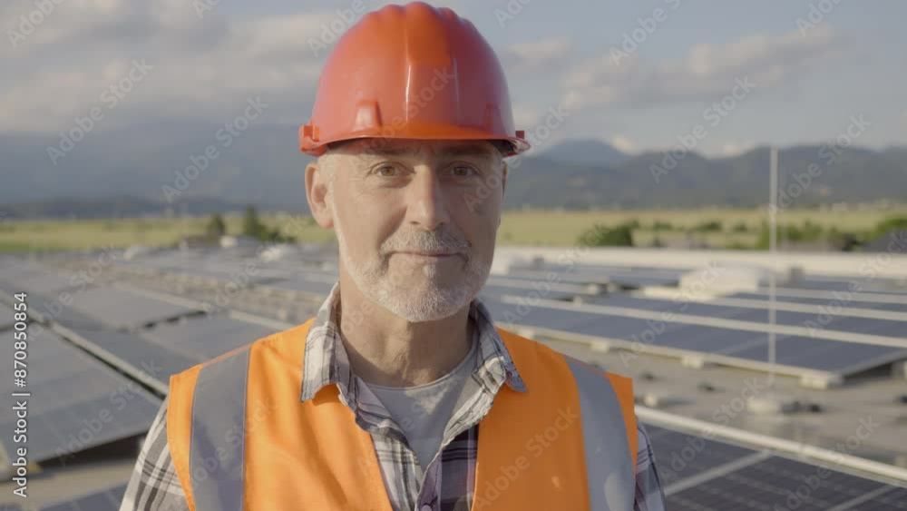 Elderly male electrician using tablet while standing at rooftop solar panels array portrait. Senior adult worker in hardhat and reflective vest, maintaining PV system, smiling and looking at camera Elderly male electrician using tablet while standing at rooftop solar panels array portrait. Senior adult worker in hardhat and reflective vest, maintaining PV system, smiling and looking at camera