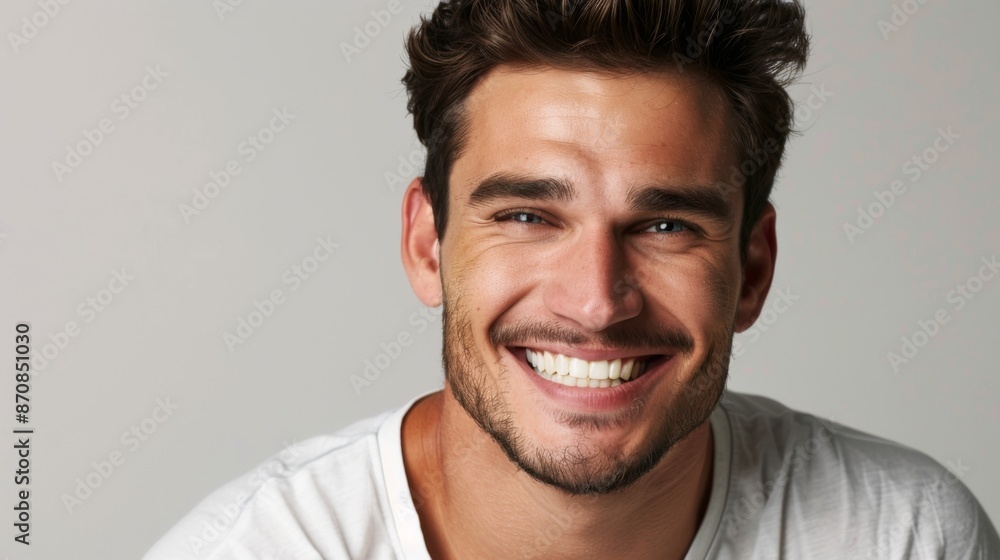 Young man with beautiful smile on grey background. Teeth whitening Young man with beautiful smile on grey background. Teeth whitening