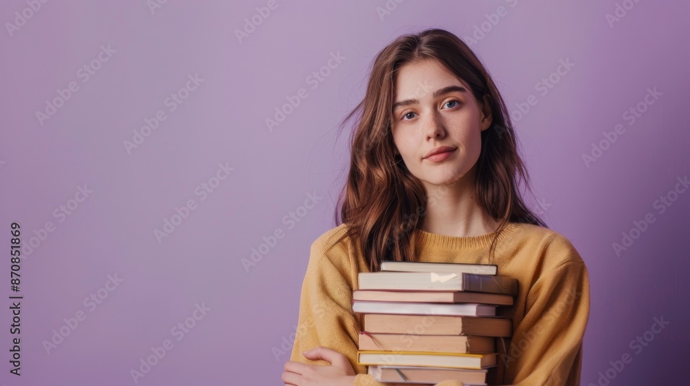 Young woman with stack of books on lilac background, with copy space (17)-up.jpeg, Young woman with stack of books on lilac background, with copy space Young woman with stack of books on lilac background, with copy space (17)-up.jpeg, Young woman with stack of books on lilac background, with copy space
