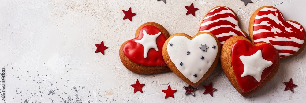 Red heart cookies with icing and star-shaped decor - Heart-shaped cookies with red and white icing, decorated with star shapes, placed on a white surface, creating a festive and sweet visual appealing Red heart cookies with icing and star-shaped decor - Heart-shaped cookies with red and white icing, decorated with star shapes, placed on a white surface, creating a festive and sweet visual appealing