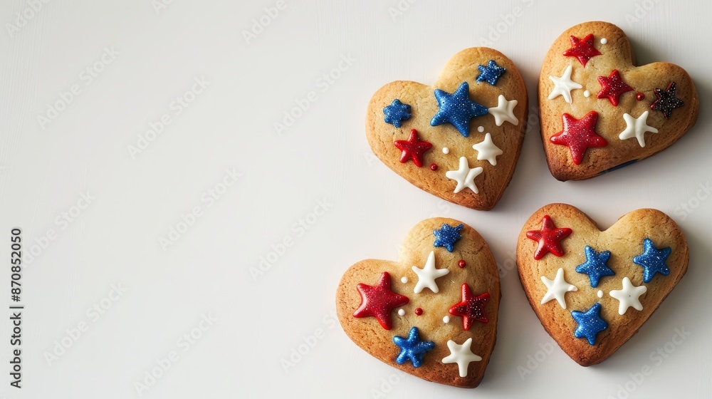 Heart Cookies with Red, White, and Blue Star Icing - Heart-shaped cookies with red, white, and blue star icing decorations, perfect for a patriotic celebration or festive event, showcased on a plain w Heart Cookies with Red, White, and Blue Star Icing - Heart-shaped cookies with red, white, and blue star icing decorations, perfect for a patriotic celebration or festive event, showcased on a plain w