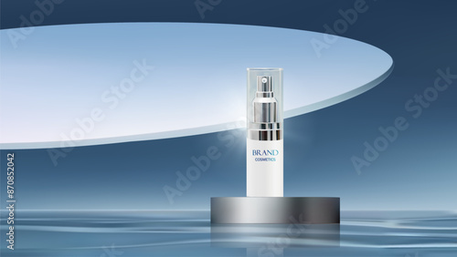Cosmetic brand mockup on  silver chrome podium . Abstract scene background. Product presentation, mock up, show cosmetic product, 3D Vector.