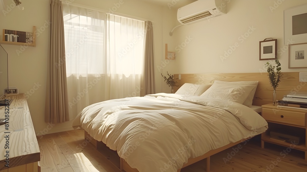 Fototapeta premium Cozy and Minimalist Bedroom Decor in a Peaceful Muji-inspired Retreat
