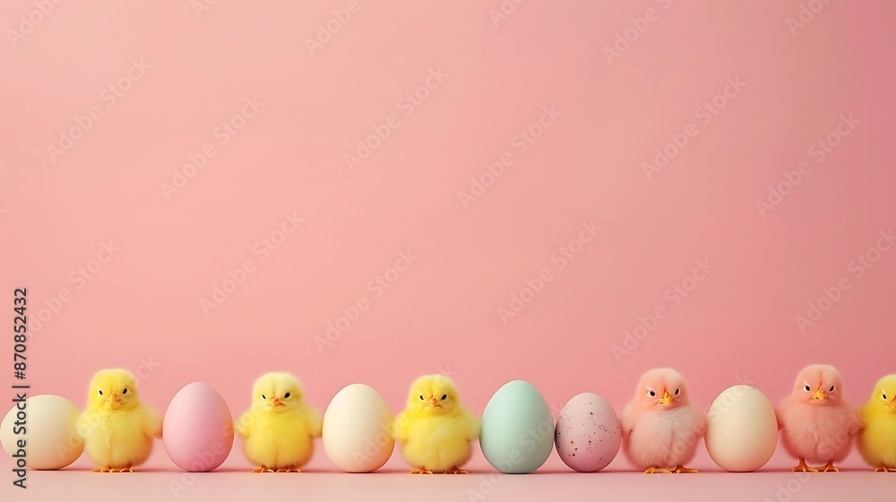 Small chicks in pink and yellow color standing in front of the background in vertical line with small egg between them with empty space all around in background Small chicks in pink and yellow color standing in front of the background in vertical line with small egg between them with empty space all around in background