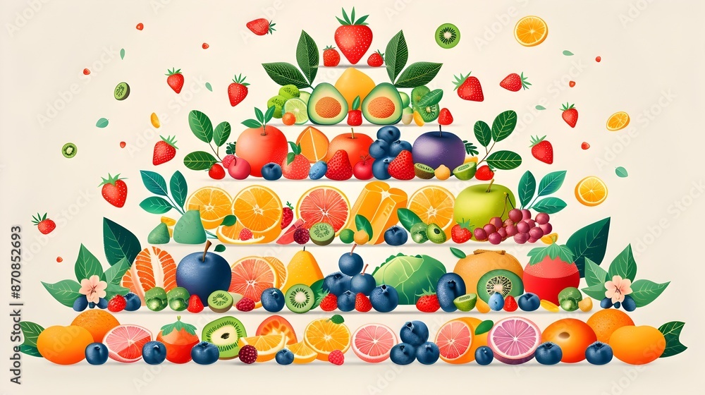 Balanced Food Pyramid with Assortment of Diverse Fruits and Vegetables Balanced Food Pyramid with Assortment of Diverse Fruits and Vegetables