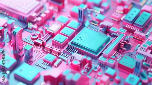 Close-up of colorful computer motherboard circuitry in bright pink and teal hues, showcasing intricate electronic components.