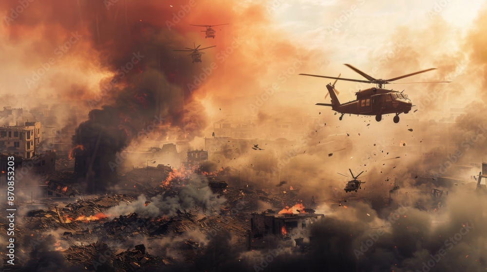 Military forces & helicopters between smoke and dust in destroyed city. with copy space Military forces & helicopters between smoke and dust in destroyed city. with copy space