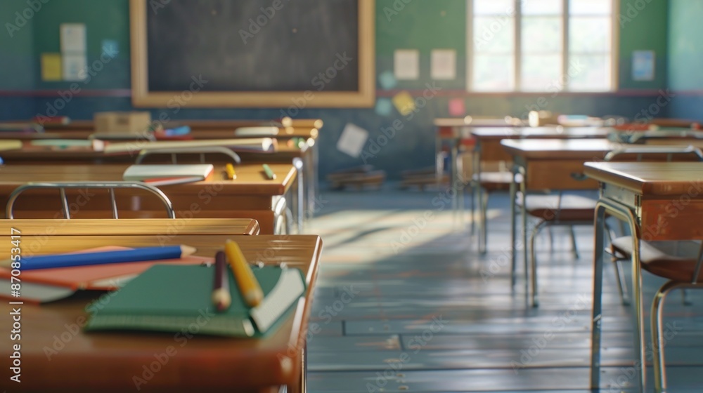 A close-up view of an empty classroom with wooden desks lined up, and a blackboard in the background. Ai generated image A close-up view of an empty classroom with wooden desks lined up, and a blackboard in the background. Ai generated image