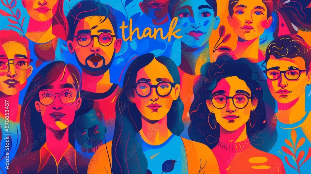 Fototapeta premium Diverse Team Illustrational Poster with Dynamic Composition in Pastel Colors Capturing the Essence of Gratitude and Energy