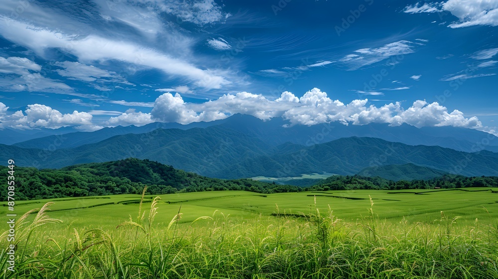 Obraz premium Green Grass Field with Blue Sky and Mountain Range in Background