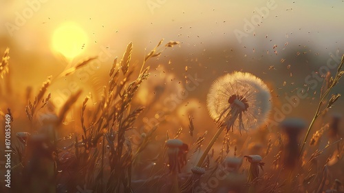 rection movement growth change meaning image conceptual background field summer wind blowing seeds Dandelion blowball offspring seed direction sunset business light scene progress copy space. photo