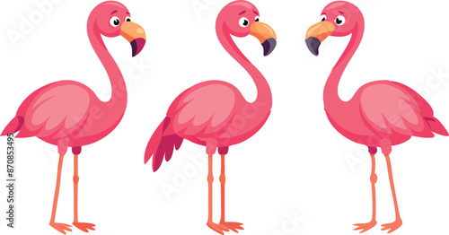 Illustration of three cute pink flamingos standing together on a white background