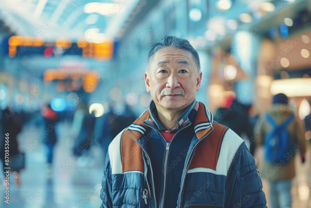 Portrait of a content asian man in his 50s sporting a stylish varsity jacket on bustling airport terminal Portrait of a content asian man in his 50s sporting a stylish varsity jacket on bustling airport terminal